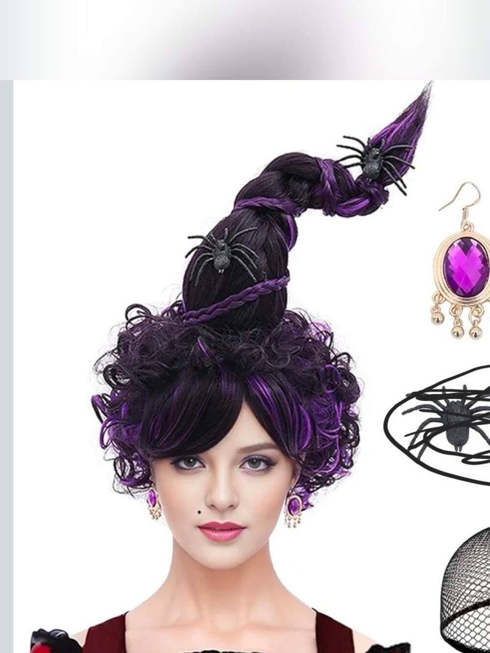 Purple Mixed Black Long Braid Witch Hat Shaped Halloween Costume Wig